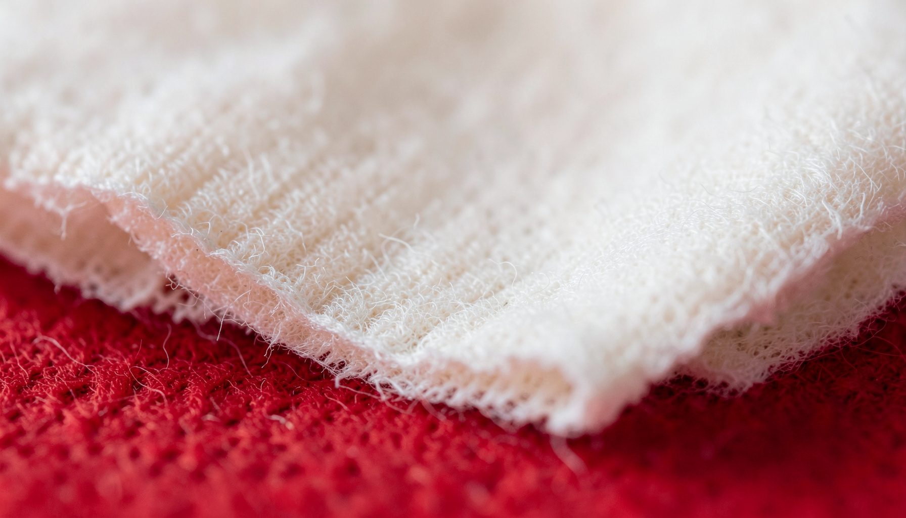 Detaljbild av ett mjukt, obehandlat bomullstyg i naturlig off-white ton med subtil fibrig struktur och behaglig, dämpad belysning.
